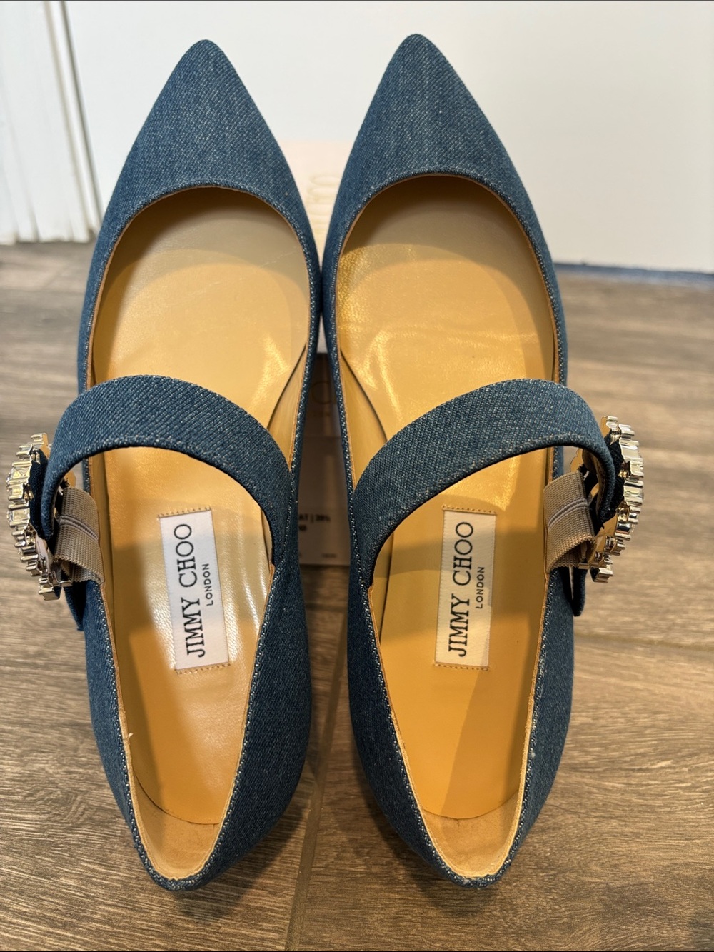Jimmy Choo Dark Blue Denim Pointed Flats with Crystal Buckle - Picture 5 of 7